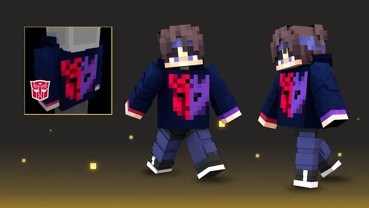 A Minecraft avatar wearing a Transformers-themed hoodie