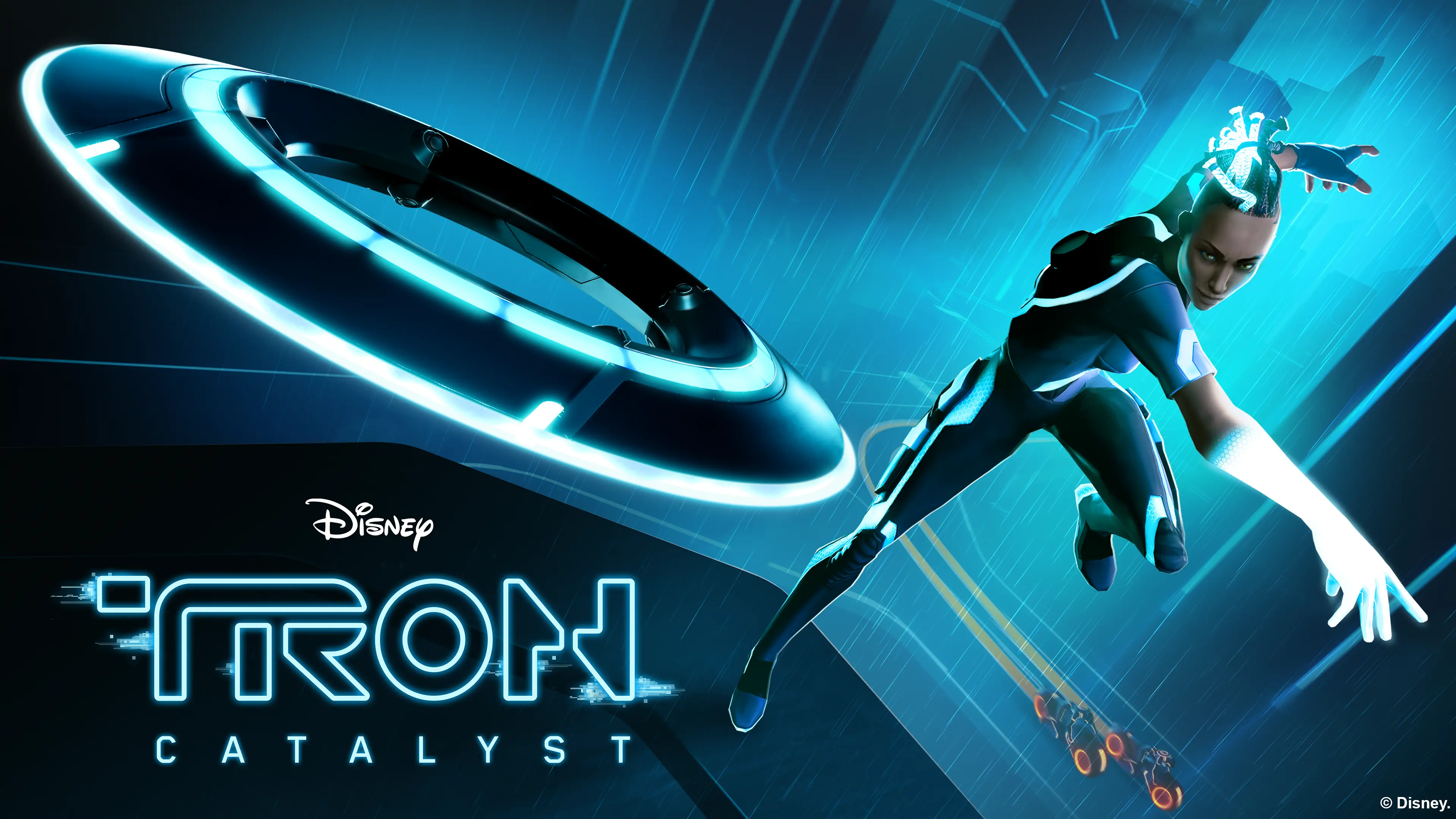 Exo, the protagonist of Tron Catalyst, throws an Identity Disc towards the camera. The game's logo is in the bottom left.