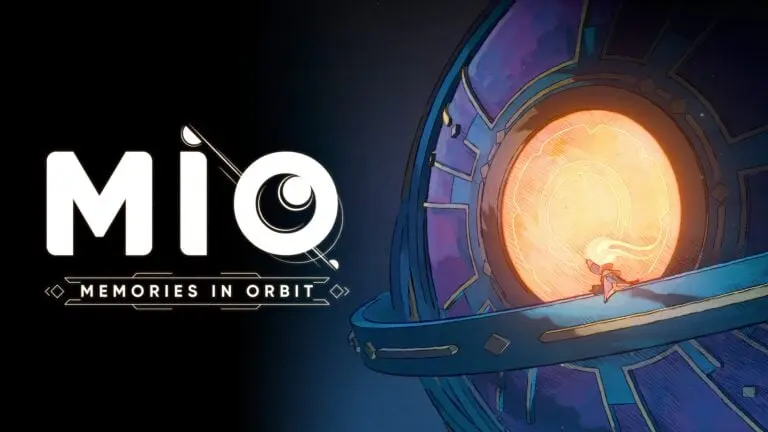 Keyart for MIO: Memories in Orbit, the protagonist sits on the ring of a strange spherical device.