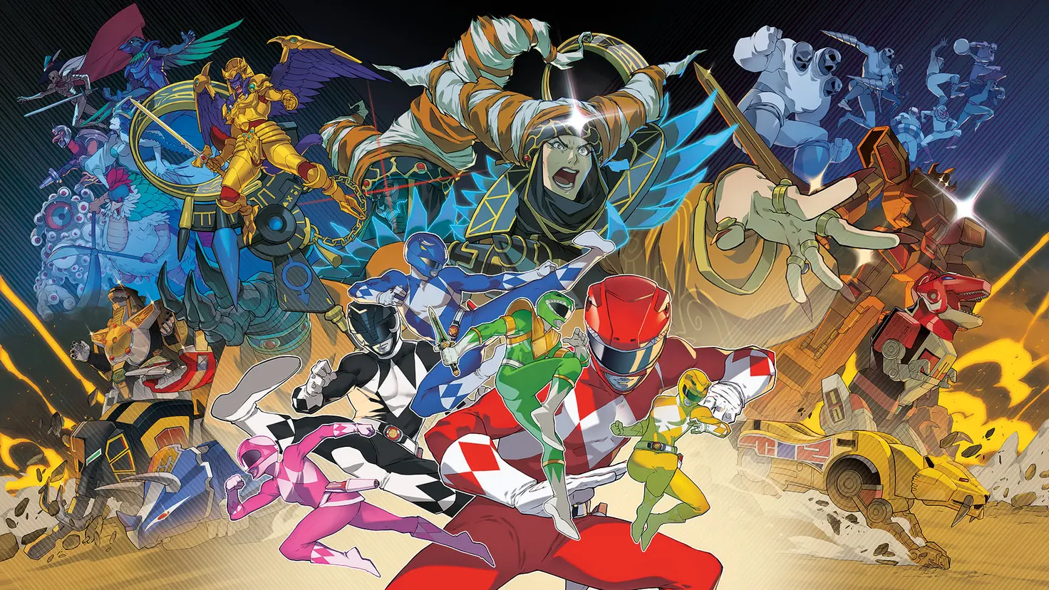 Artwork showing the characters and villains in the Mighty Morphin Power Rangers: Rita's Rewind video game