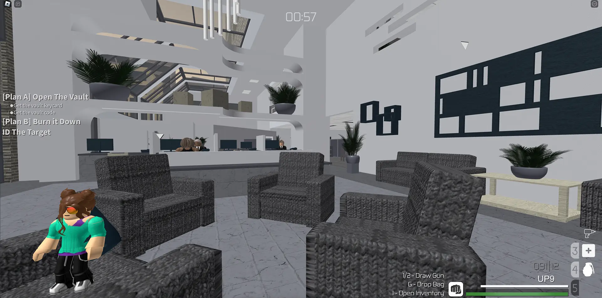 A Roblox player stands in a bank lobby, viewing the environment from a first-person perspective