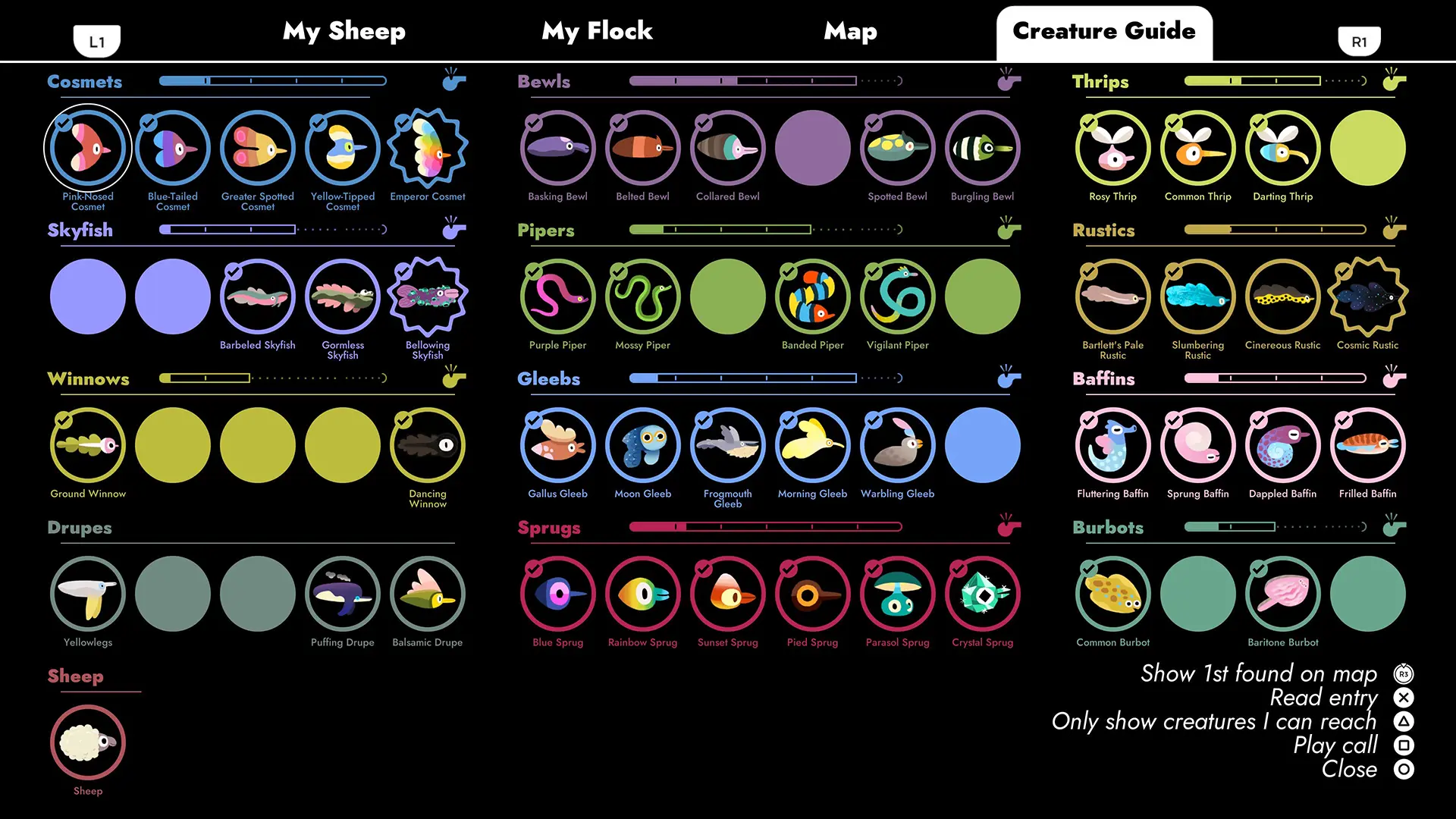 The Creature Guide in the Flock video game showing the different creatures the player has discovered and charmed