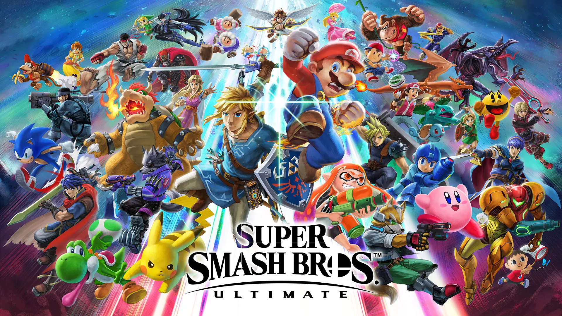 Link, Mario and a wide variety of Nintendo and other licensed characters in battle poses above the Super Smash Bros. Ultimate logo, which is bottom centered