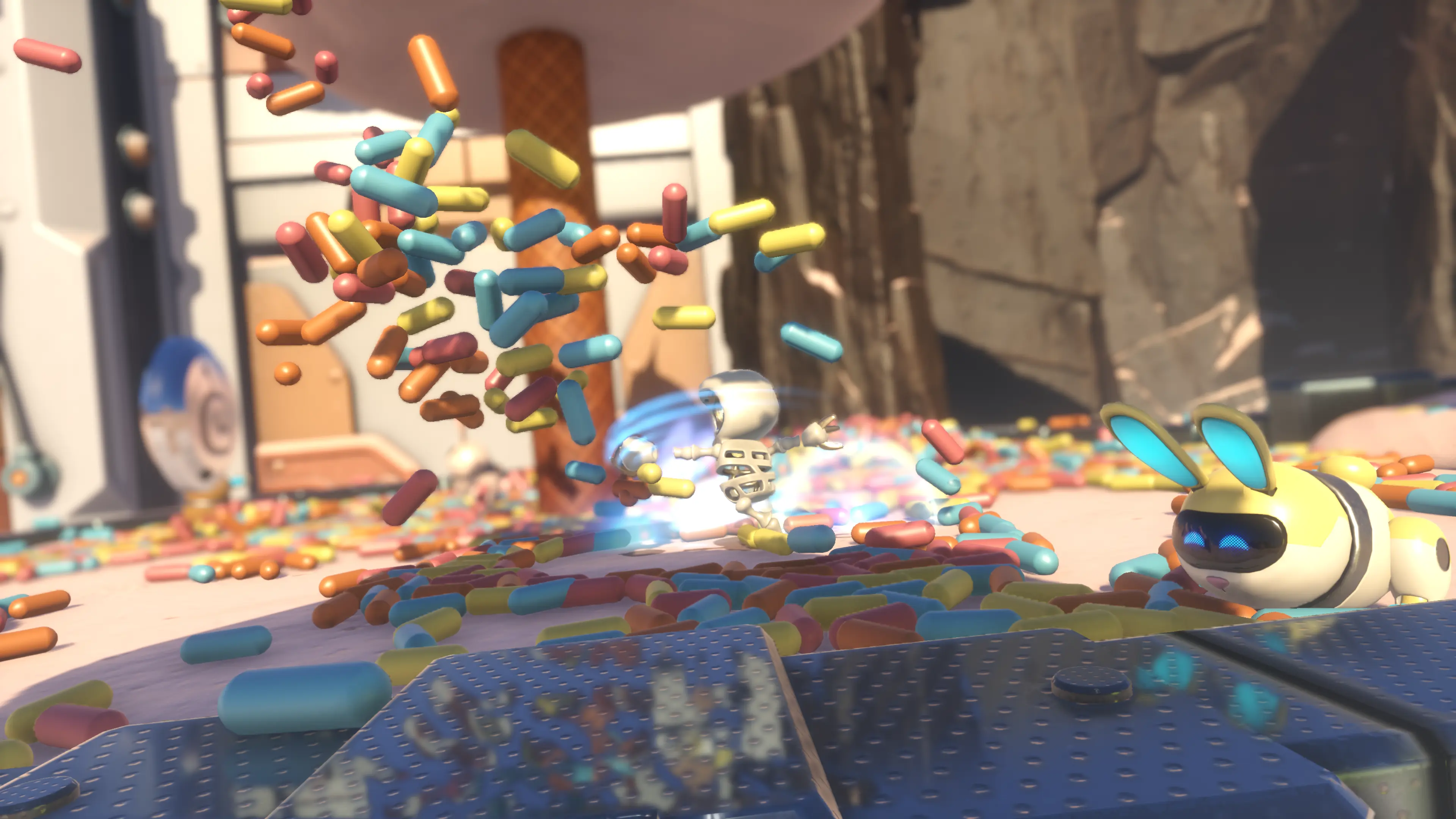 Astro Bot punches a load of sprinkles on the ground in an ice-cream-themed world.