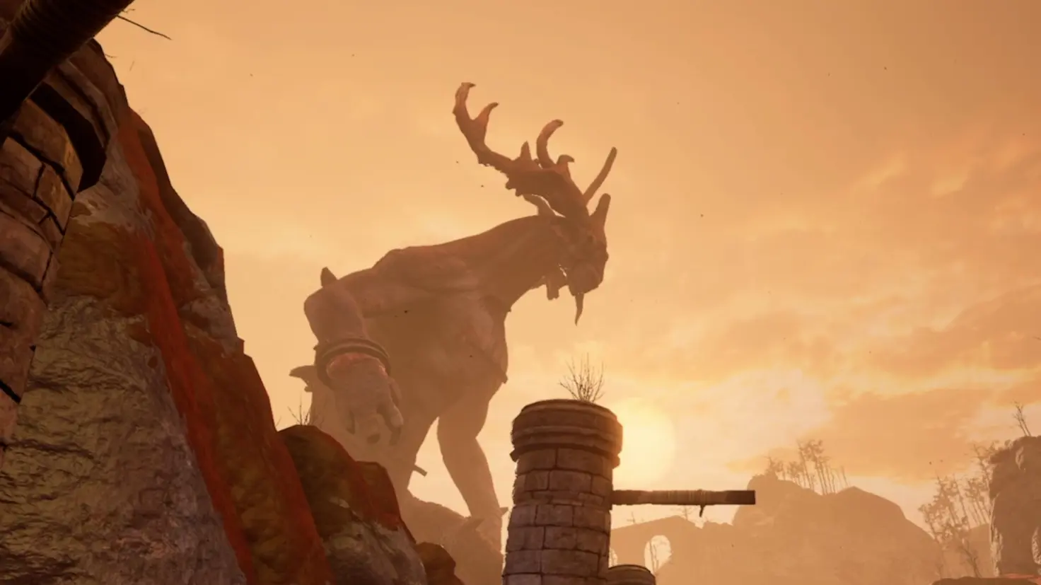 The Dreddstag boss in Skydance's Behemoth VR walks round the side of a hill, towering above the player.