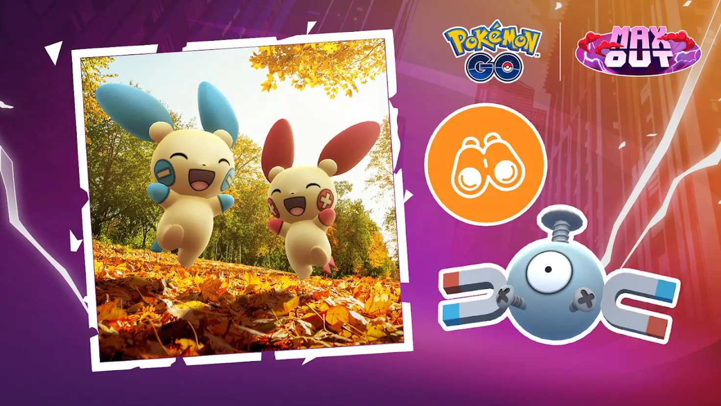 Plusle and Minun frolic in a forest with fallen autumn leaves in a square snapshot placed to the left of Magnemite. The Pokemon Go logo and Pokemon Go's Max Out logo are at top-right.