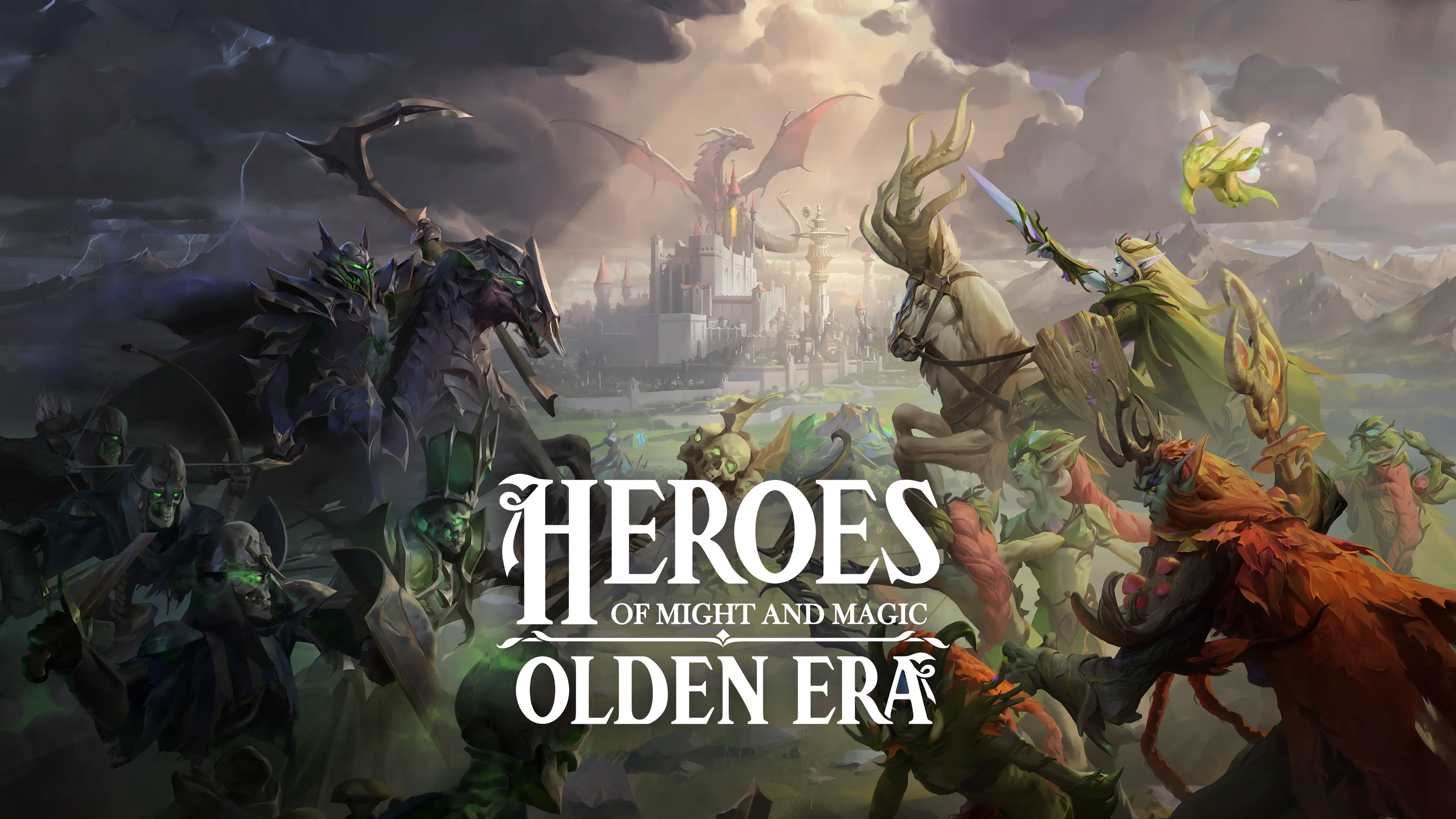 Two fantasy-themed armies face each other on the battlefield in the Heroes of Might & Magic: Olden Era video game. The game's logo is centered at bottom.