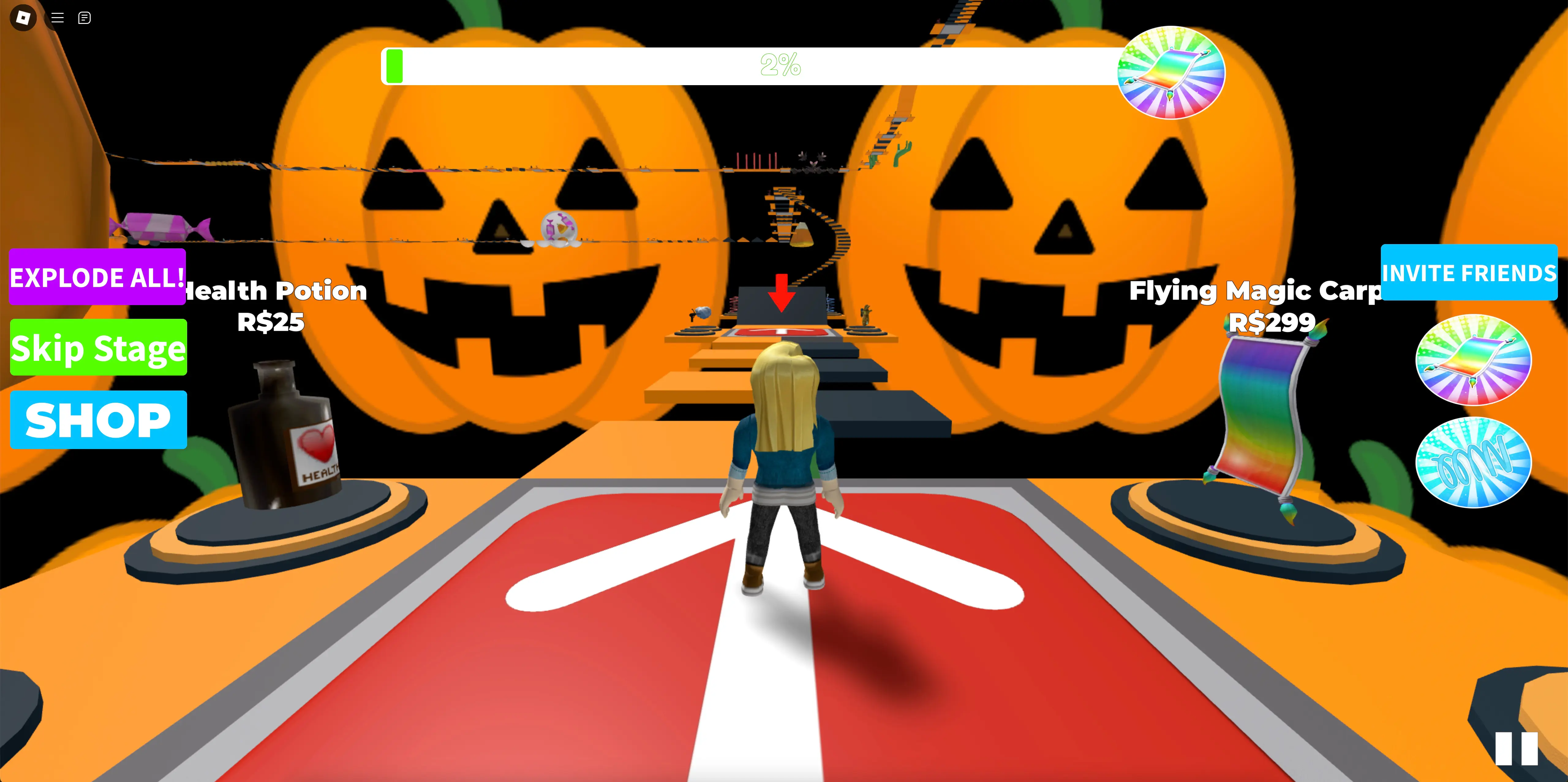 A blonde Roblox avatar looks toward a lengthy Halloween-themed obstacle course in the Halloween Obby Roblox experience