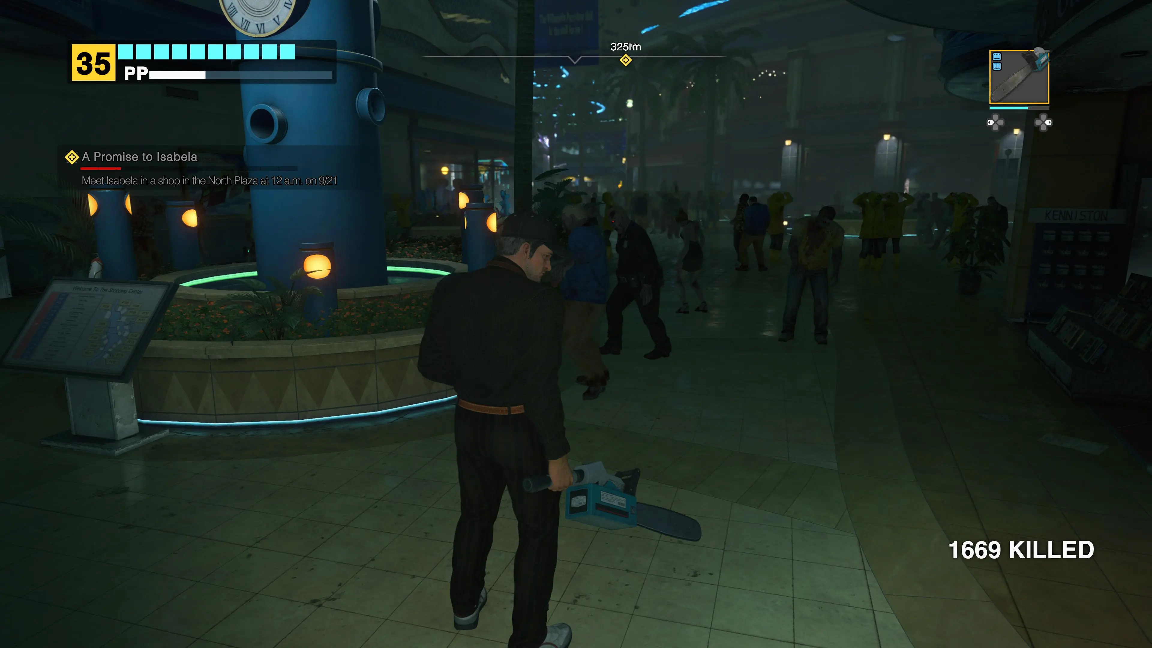 Frank stands in a plaza full of zombies at night holding a small chainsaw