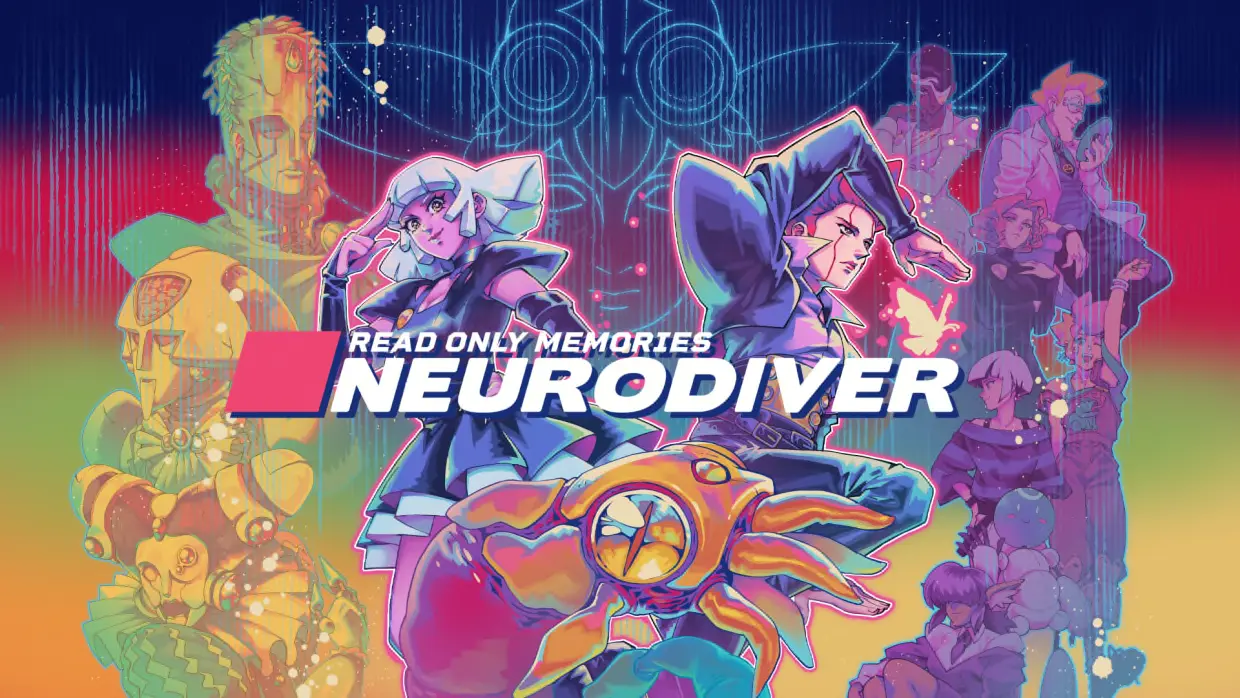 A collage of characters from the Read Only Memories Neurodiver video game against a colorful horizontal striped background. The game's logo is centered.