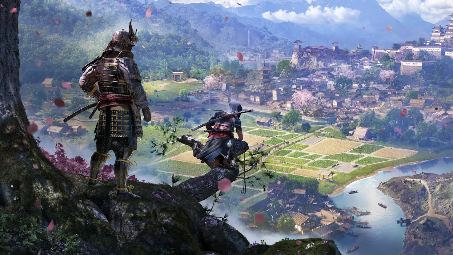 Assassin's Creed Shadows' Yasuke and Naoe stand by a tree overlooking a landscape with farming fields and a castle in the distance