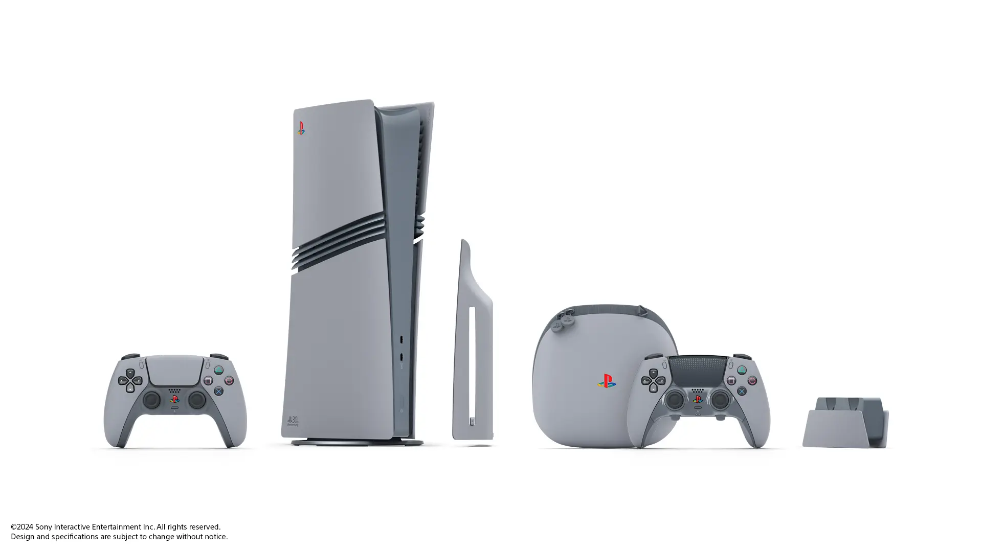 Two DualSense Controllers, a PS5 Pro, Disc Drive Cover, bag, and stand in the PSOne-inspired 30th anniversary colorway