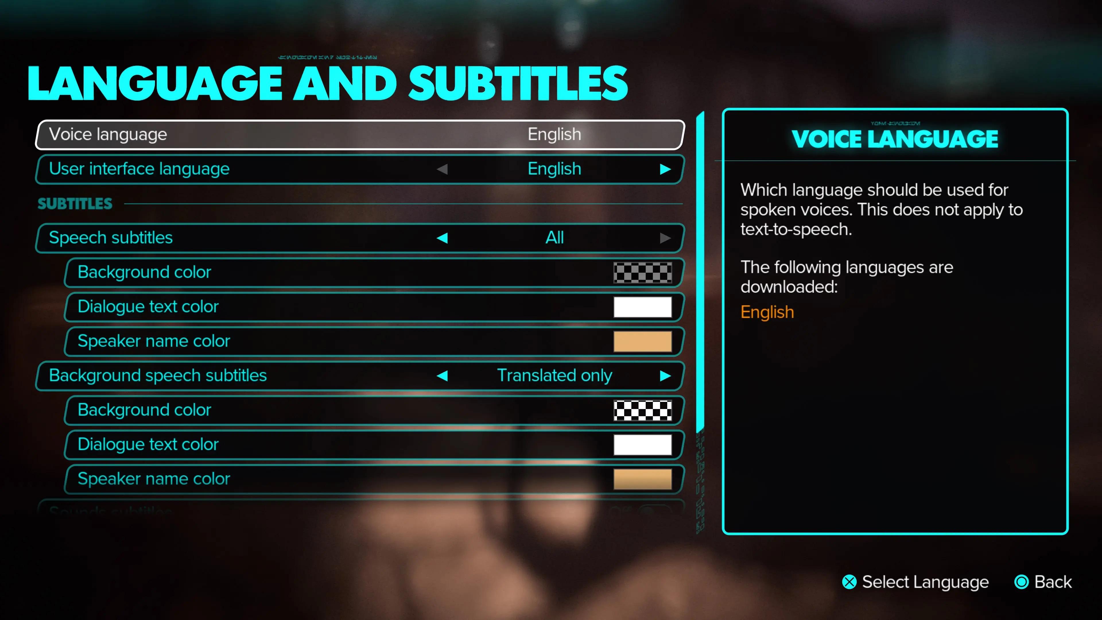 Screenshot from the Star Wars Outlaws video game showing some of the language and subtitles options players can change