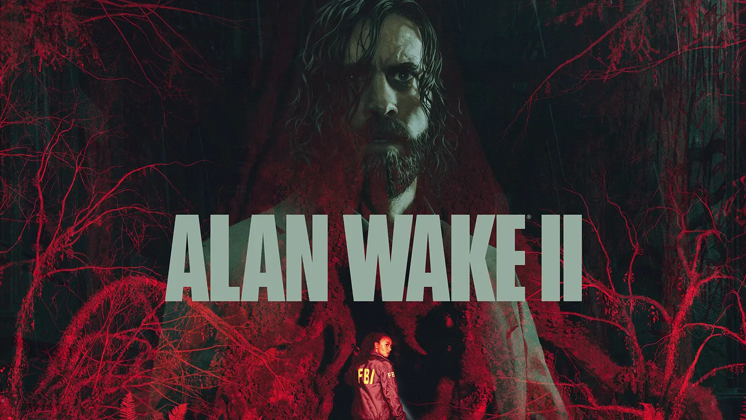 Key art for Alan Wake II with a disheveled man with a beard and long curly hair looking toward the viewer at top as an FBI agent enters the forest below. The Alan Wake II logo is centered.