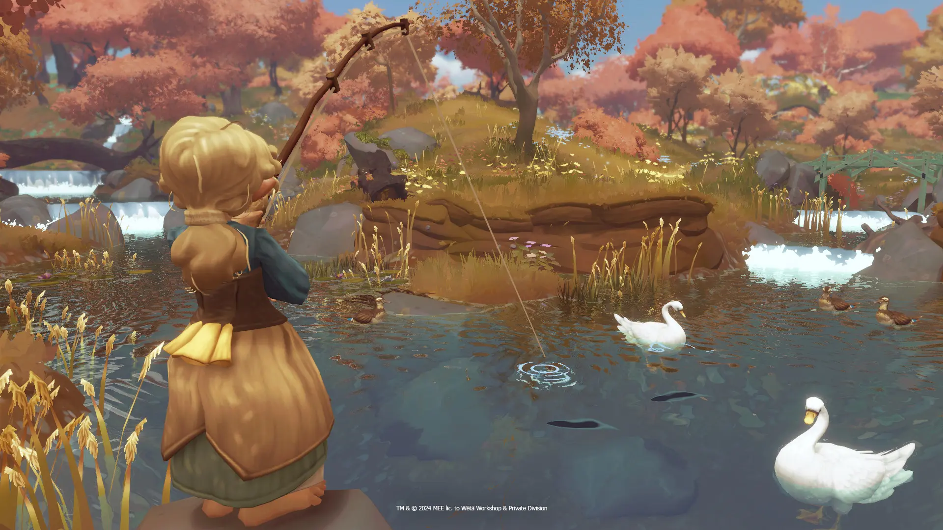 A female hobbit viewed from behind as she fishes in a river with swans and ducks floating on the water's surface