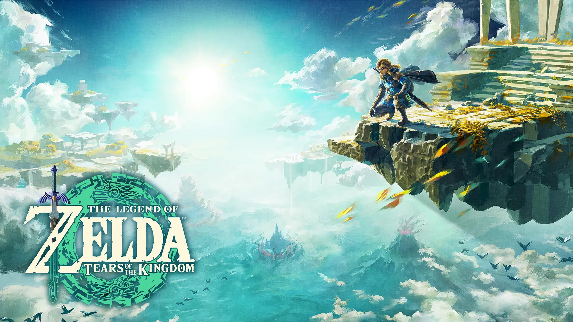 Link crouches on the edge of a cliff in the sky, looking down at the world far below