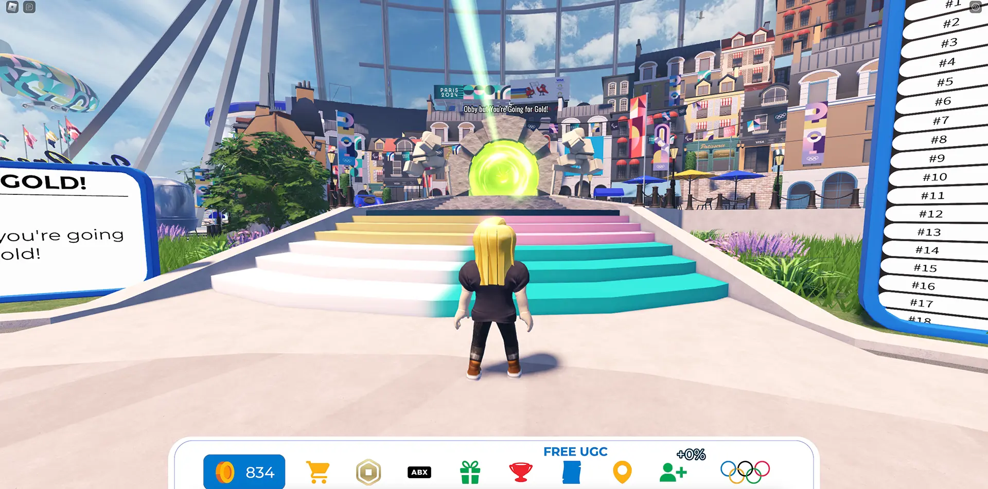 A Roblox character stands in a virtual Olympic stadium in the Olympic World Roblox experience