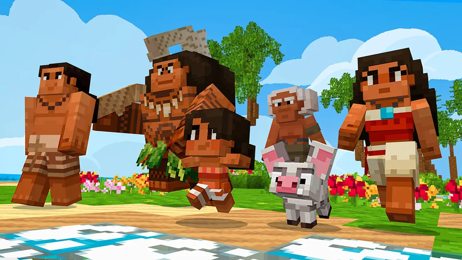 Moana, Maui, and other characters from the Moana films in the Minecraft video game