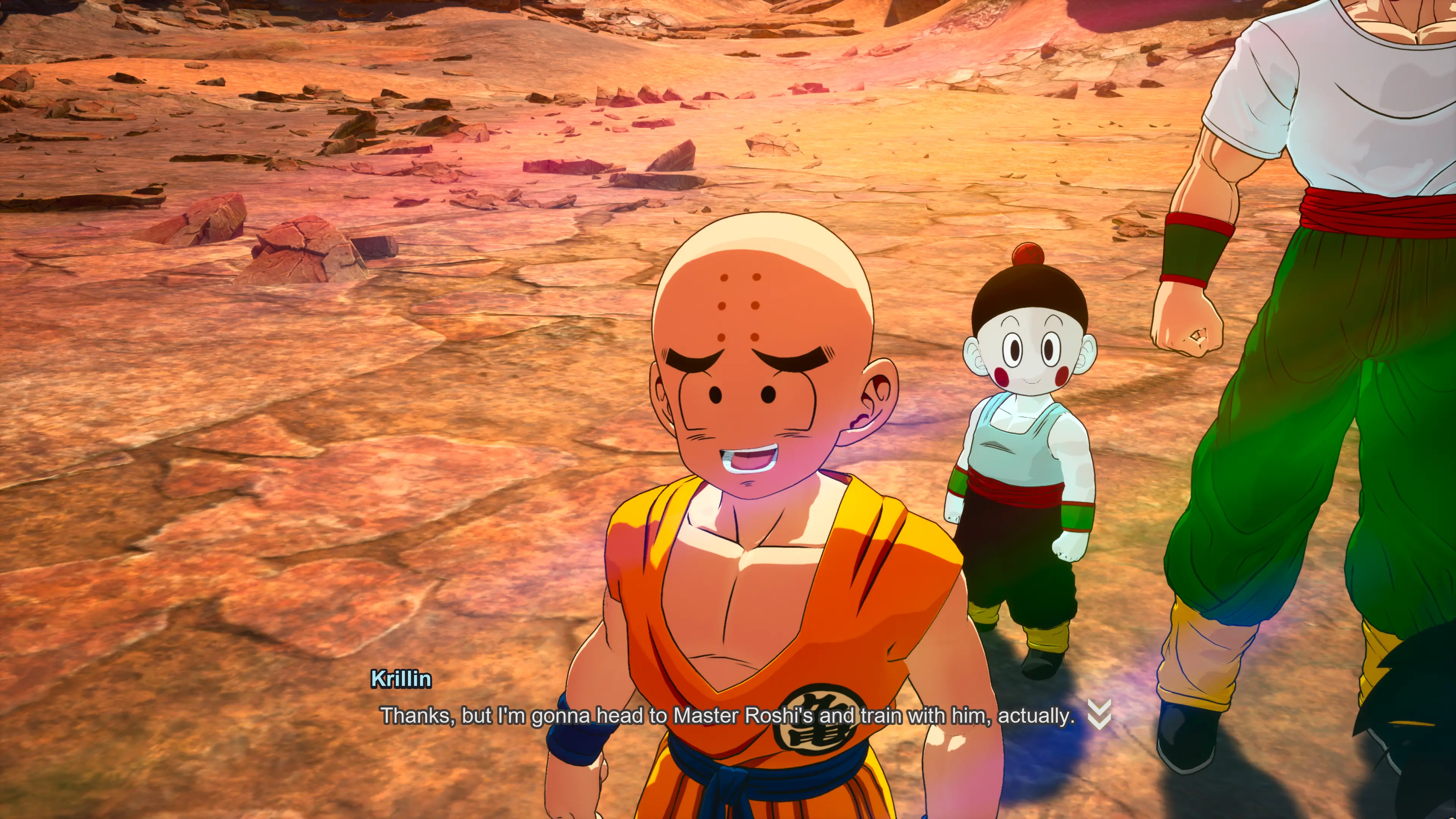 Krillin in the Dragon Ball: Sparking Zero video game with subtitles that read "Thanks, but I'm gonna head to Master Roshi's and train with him, actually."