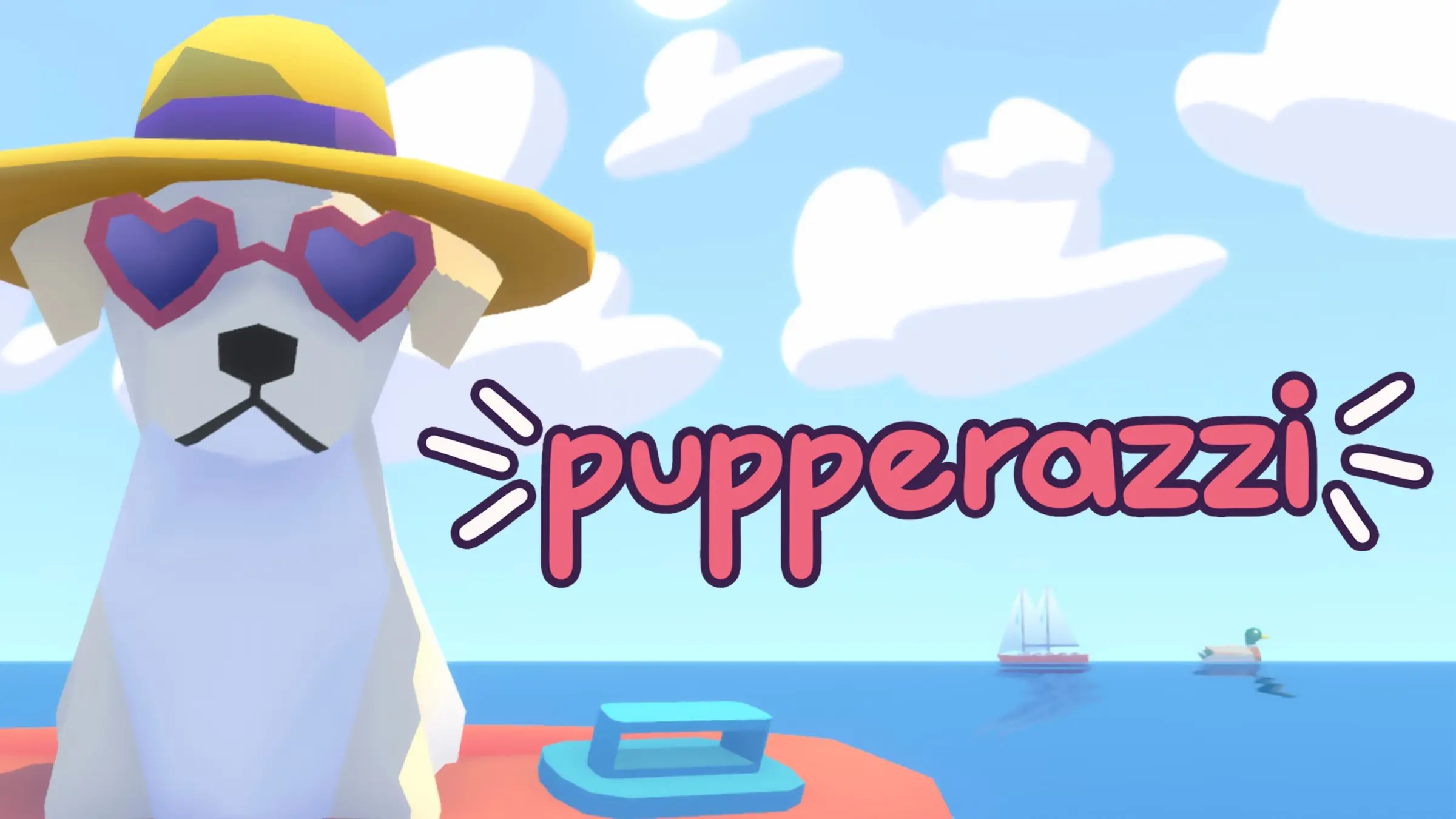 A dog wears heart-shaped sunglasses and a summer hat next to the sea and the pupperazzi title