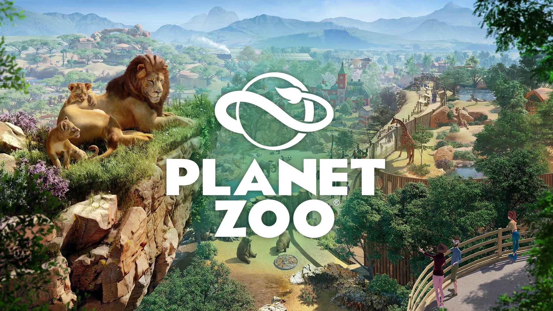 A male lion and several cubs rest on a ledge overlooking a zoo filled with bears, giraffes, and more. The Planet Zoo title and logo are centered.