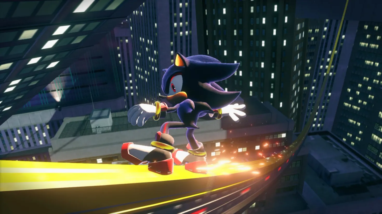 Shadow grinds a rail in Sonic X Shadow Generations.