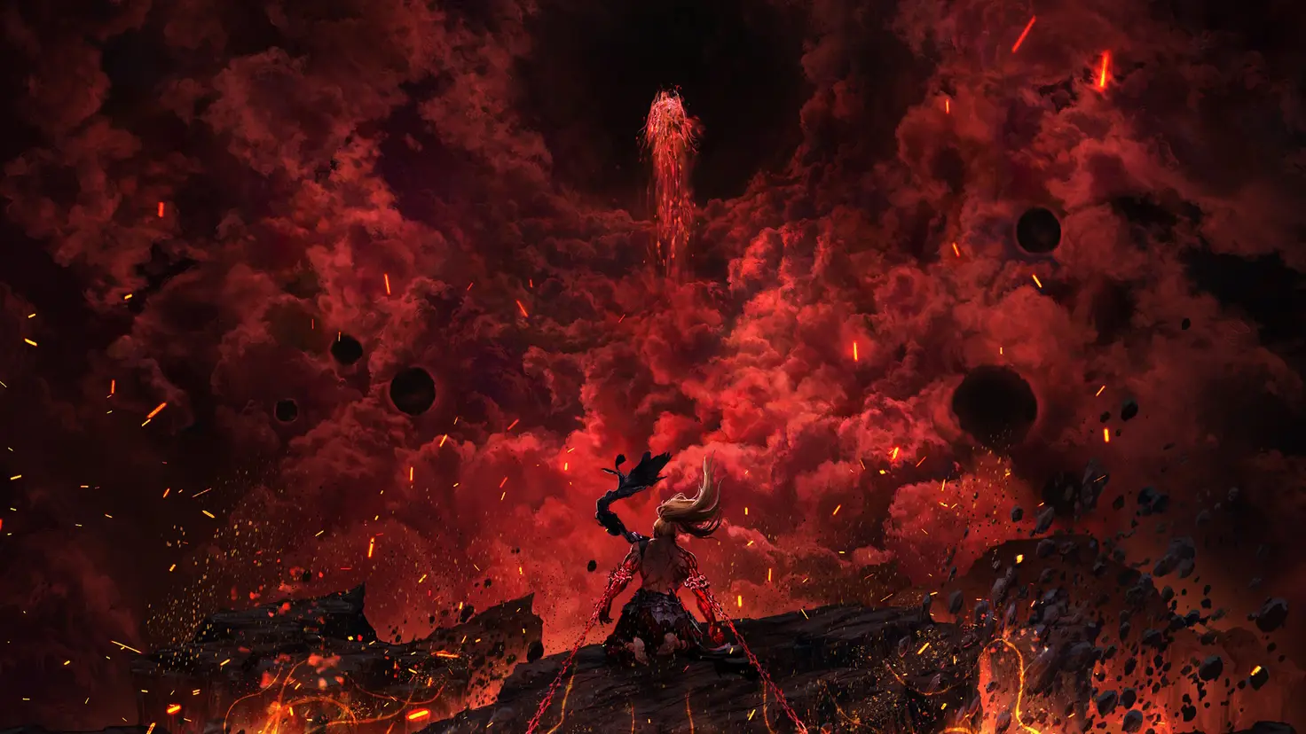 Khazan kneels before a smoking ruin with embers around. A figure rises into the sky above him.