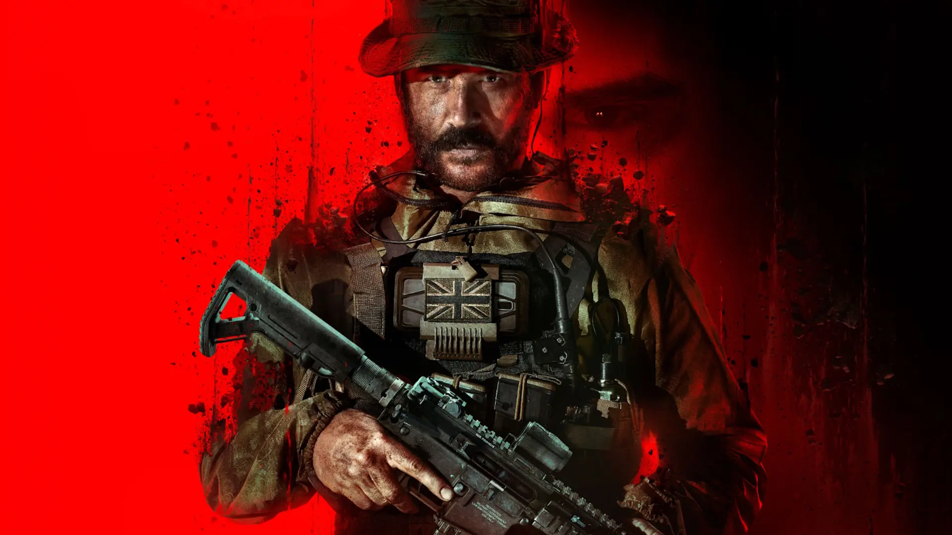 Captain price holding a rifle with an image of Makarov's face in the background