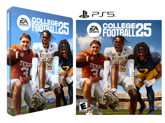 The steelbook for EA Sports College Football 25 to the left of the game's PS5 box art.