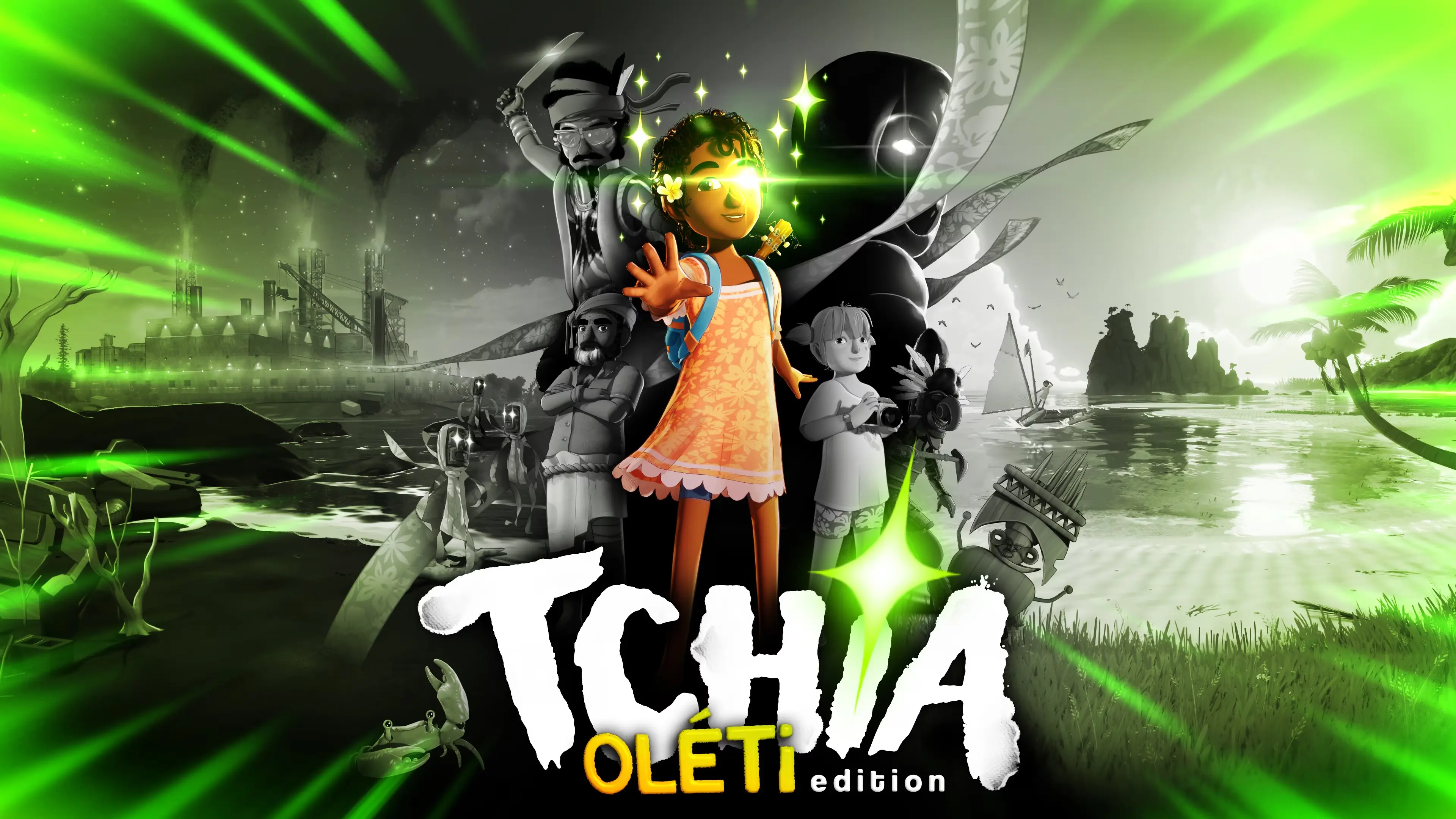 Tchia: Oléti Edition keyart featuring the main character, a small girl, with hand outstretched toward the viewer, standing in front of island landscapes and surrounded by other characters from the game