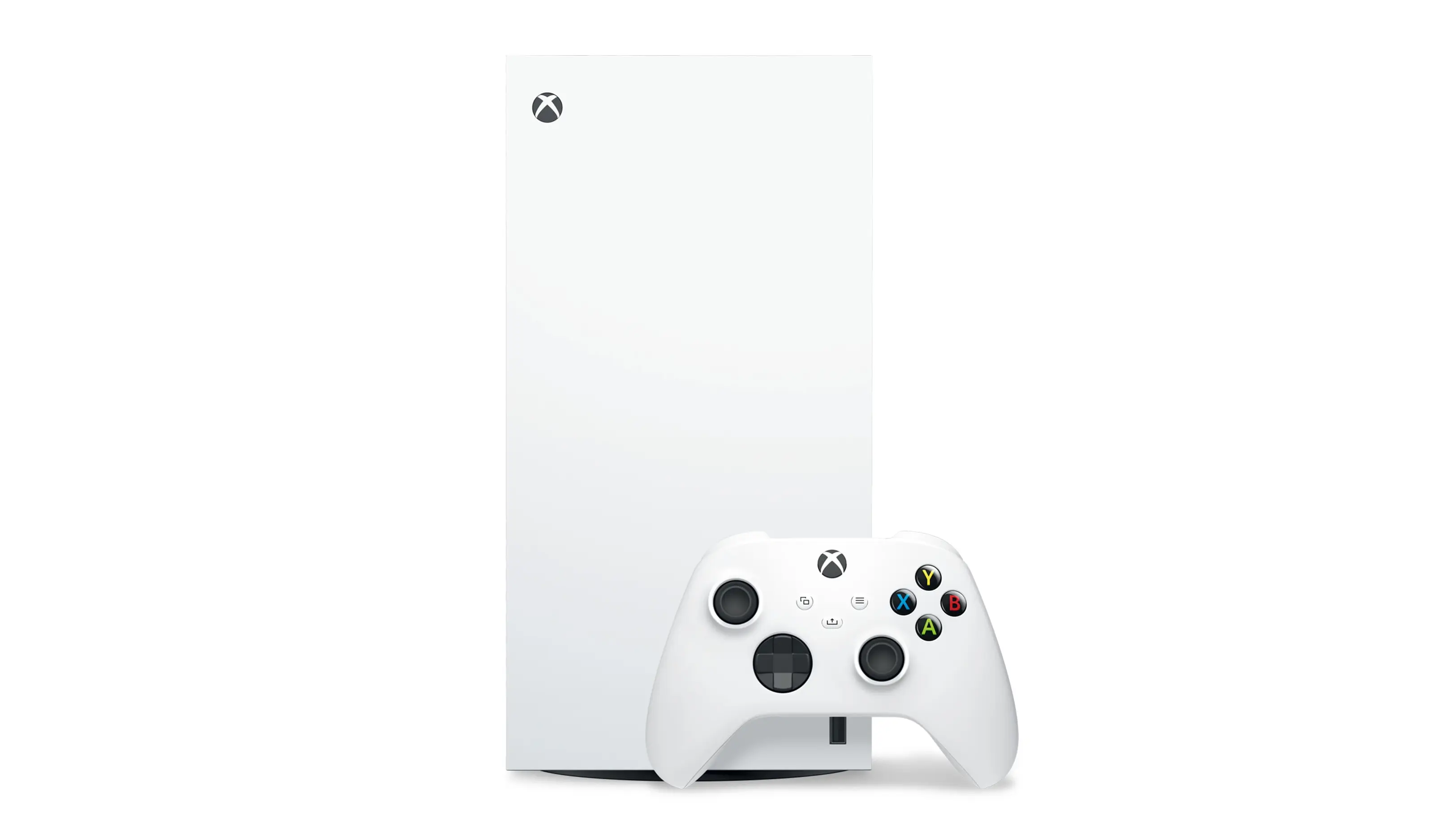 The white Xbox Series X - 1TB Digital Edition console and its controller against a white background