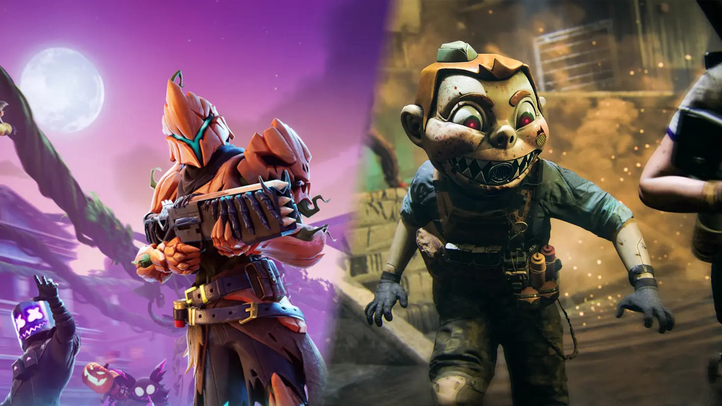 The Fortnitemares pumpkin armor and a terrifying doll-headed Call of Duty skin for gaming Halloween events are shown beside each another