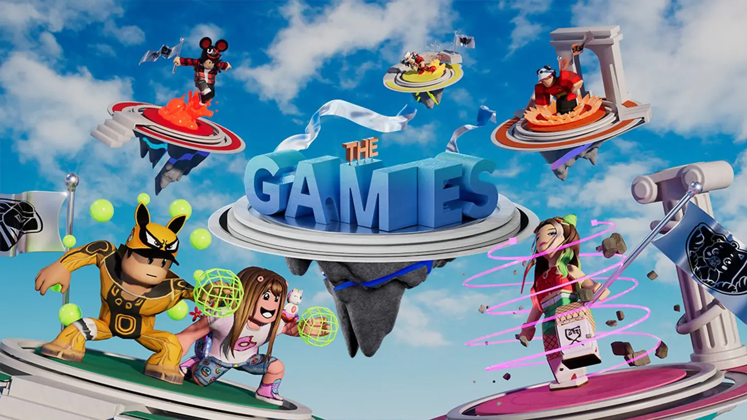 Roblox athletes stand on floating platforms in the sky surrounding "The Games" logo, centered