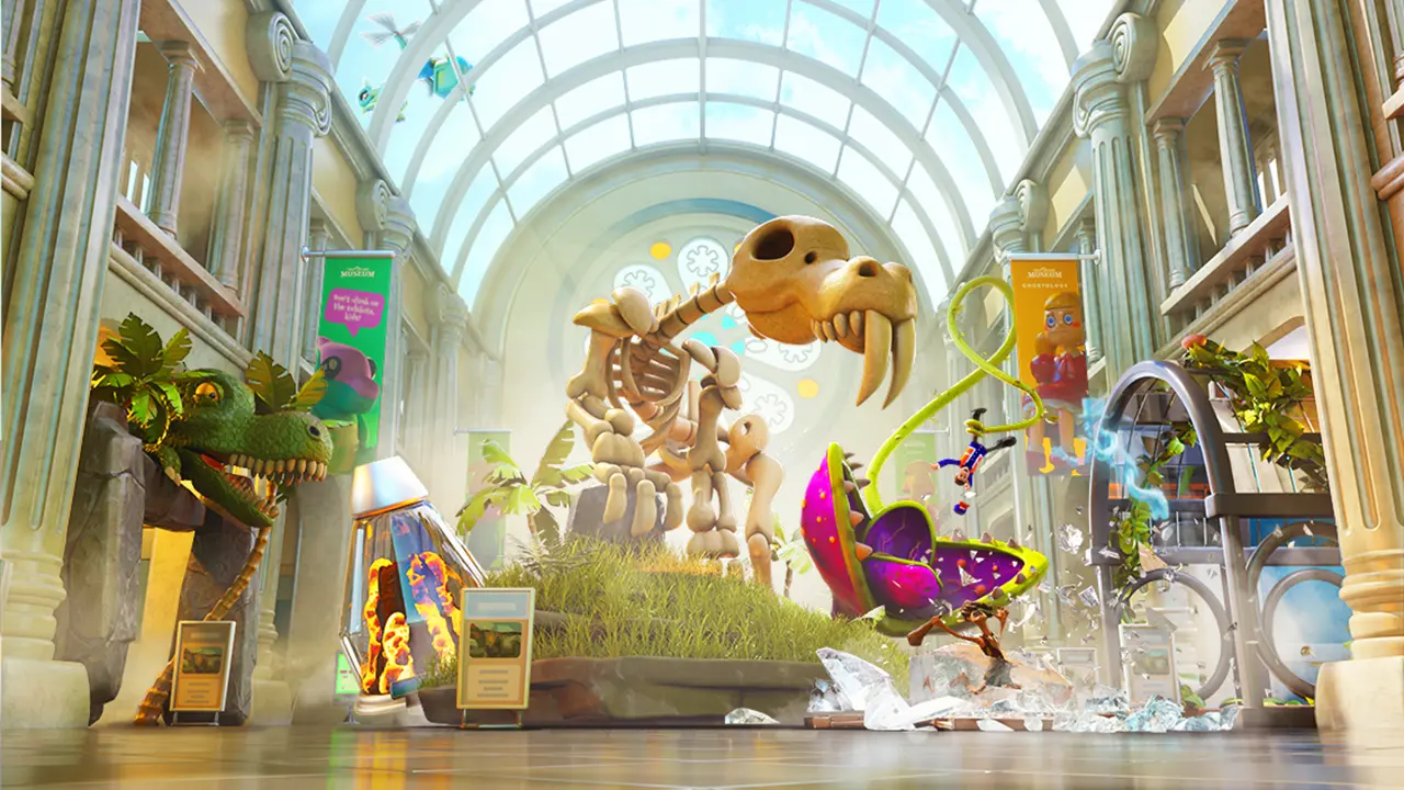 A dinosaur skeleton, man-eating flower, and other exhibits in the Two Point Museum video game