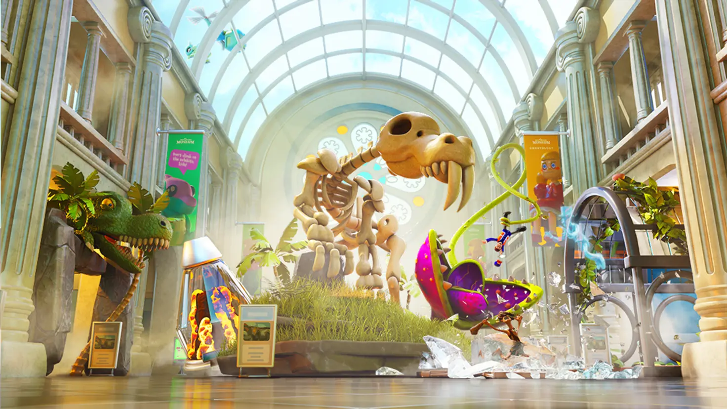 A dinosaur skeleton, man-eating flower, and other exhibits in the Two Point Museum video game