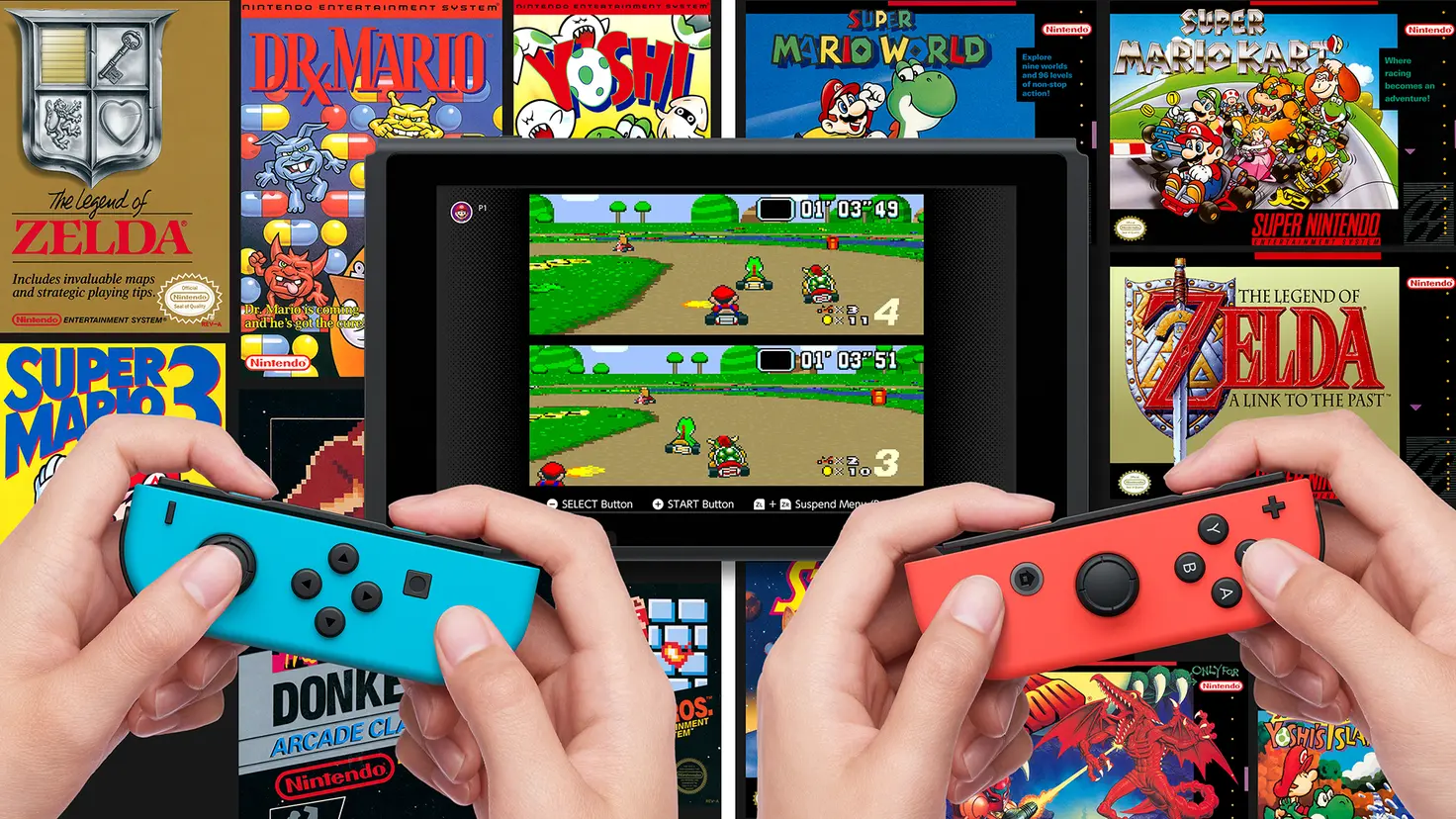 Two sets of hands holding red and blue Joy-Con controllers playing a multiplayer game on the Nintendo Switch. The background features a collage of Nintendo game box art.