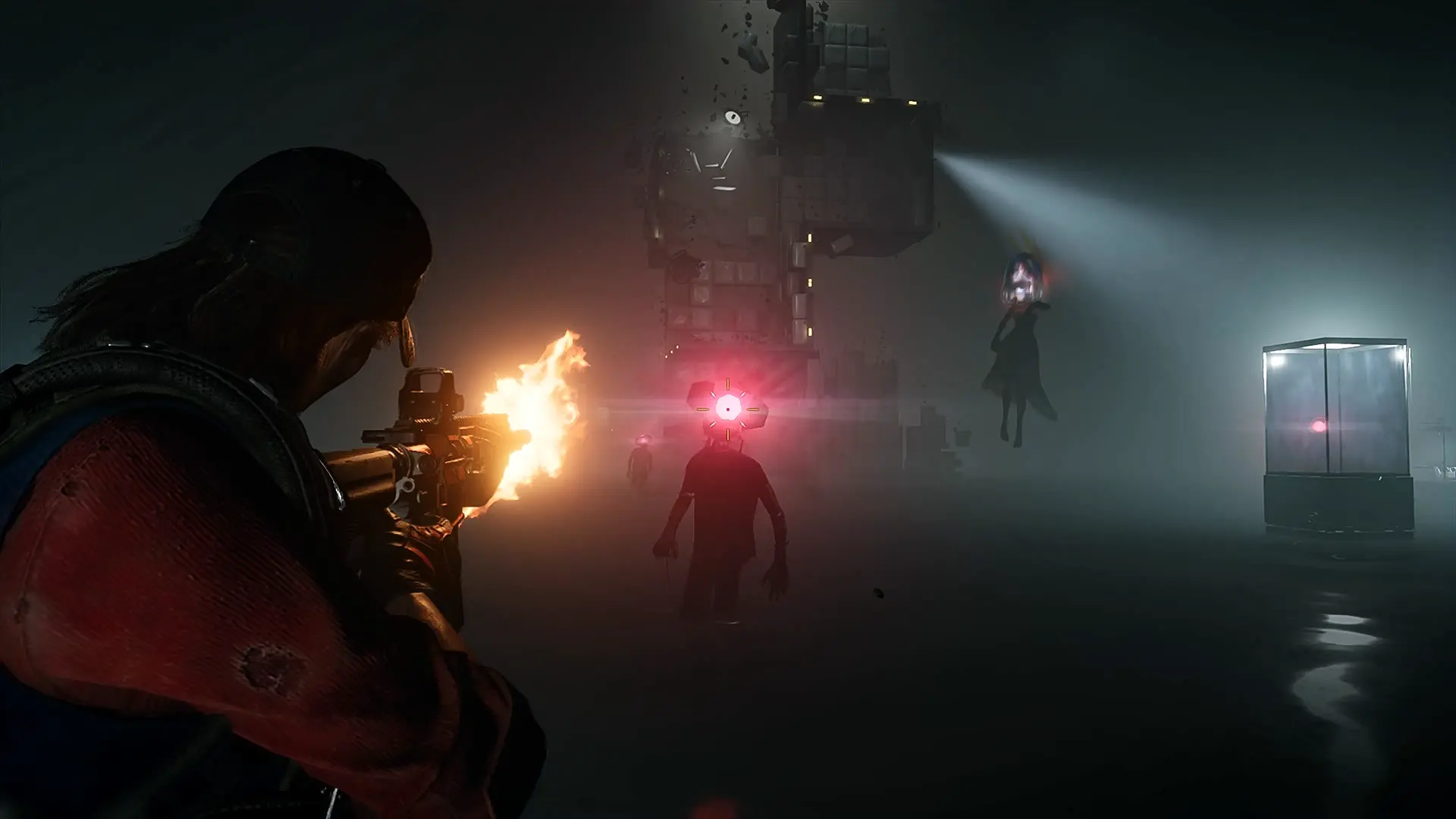 A player's character aims their weapon at an enemy in a dark room