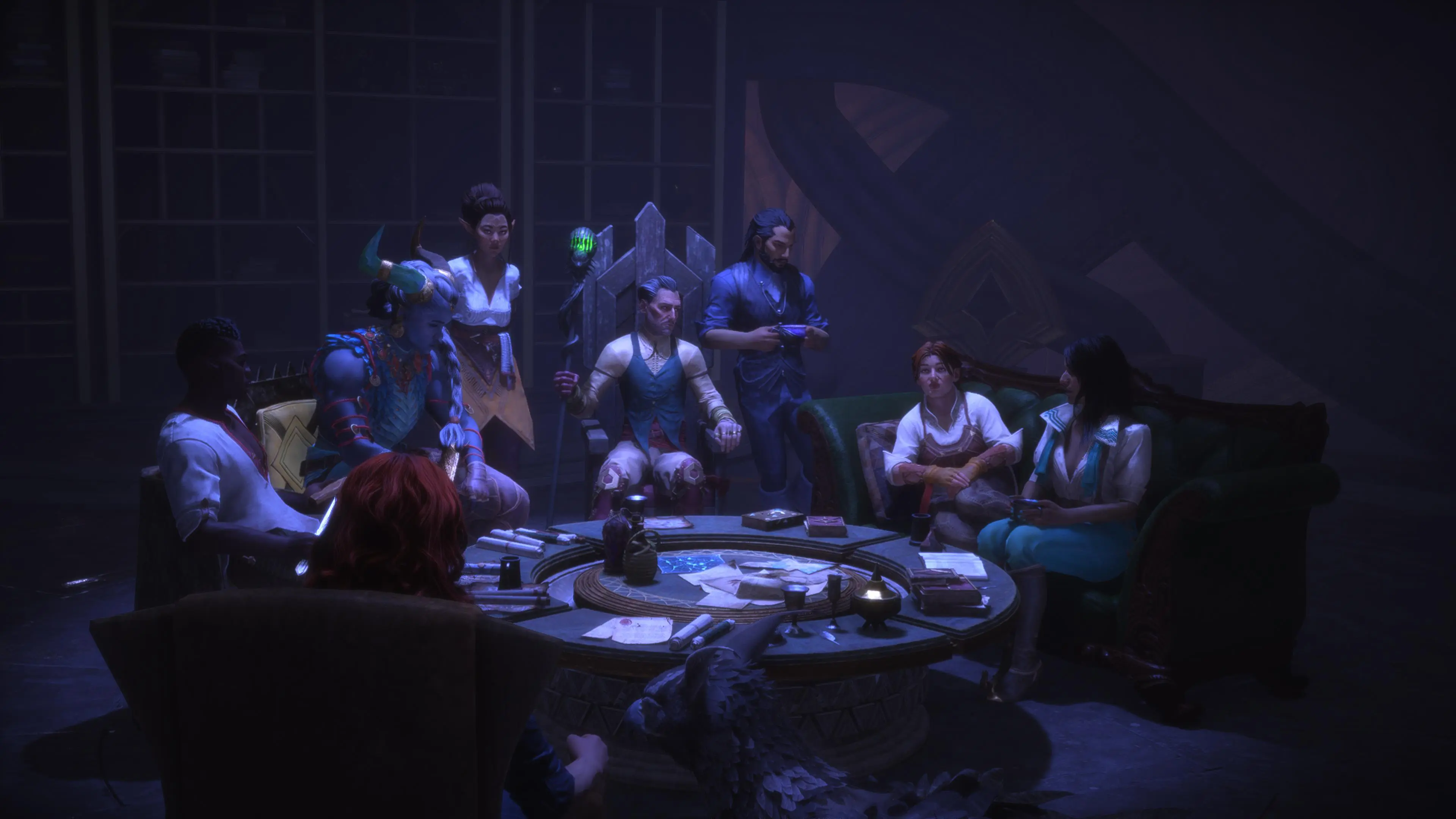 Rook and their companions sit and stand around a table in the Dragon Age: The Veilguard video game