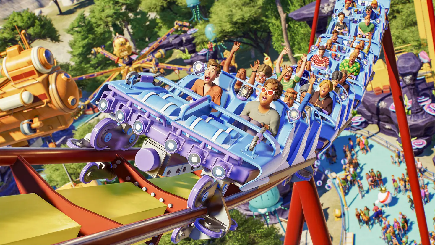 Park attendees ride a roller coaster in Planet Coaster 2. They are scared and excited, soaring over a busy park.