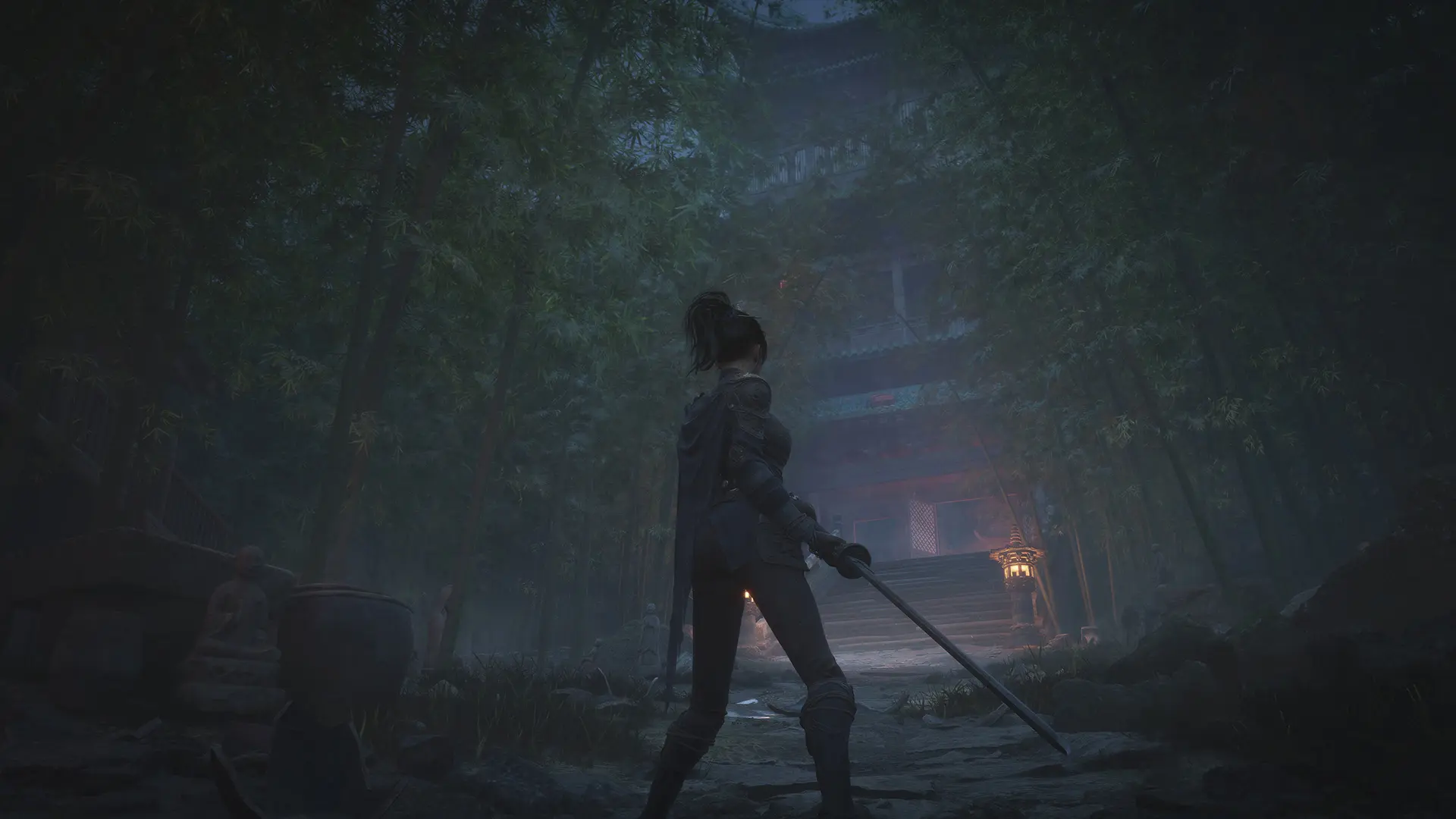 Female warrior wielding a katana standing on a path in a forest looking at a building with traditional Chinese architecture