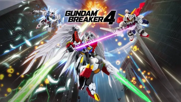 Three Gundam mobile suits strike poses with their various beam weapons on the cover of Gundam Breaker 4.