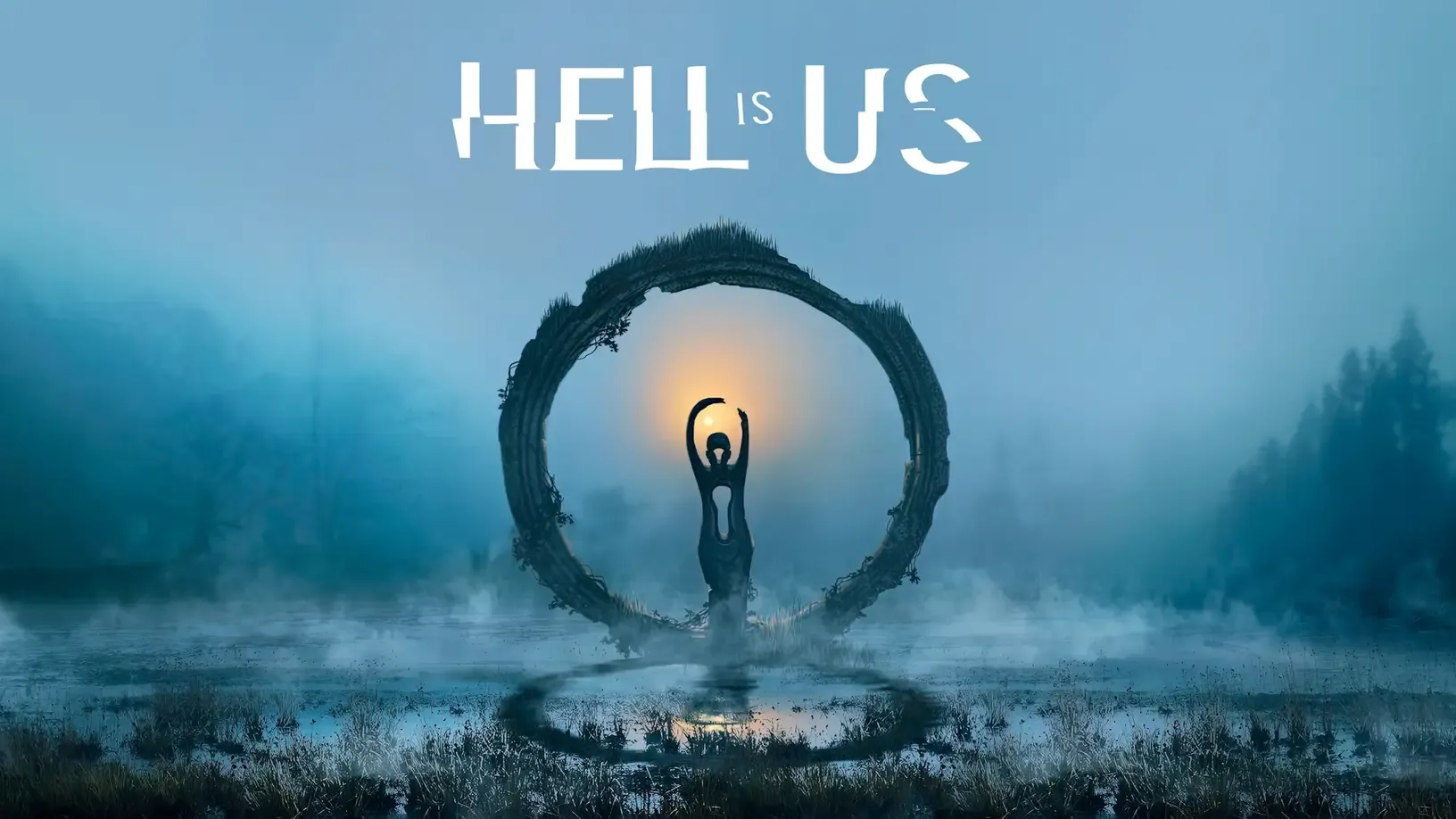 A human-shaped carving in a ring in a misty water in a forest under the Hell is Us title.