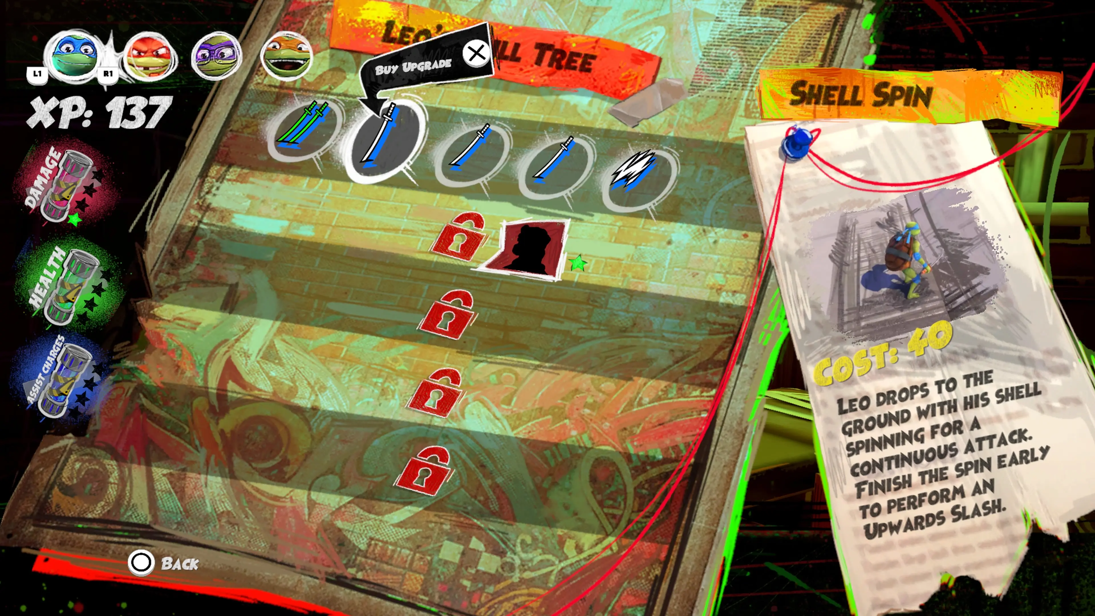 Leonardo's skill tree in the Teenage Mutant Ninja Turtles: Mutants Unleashed video game