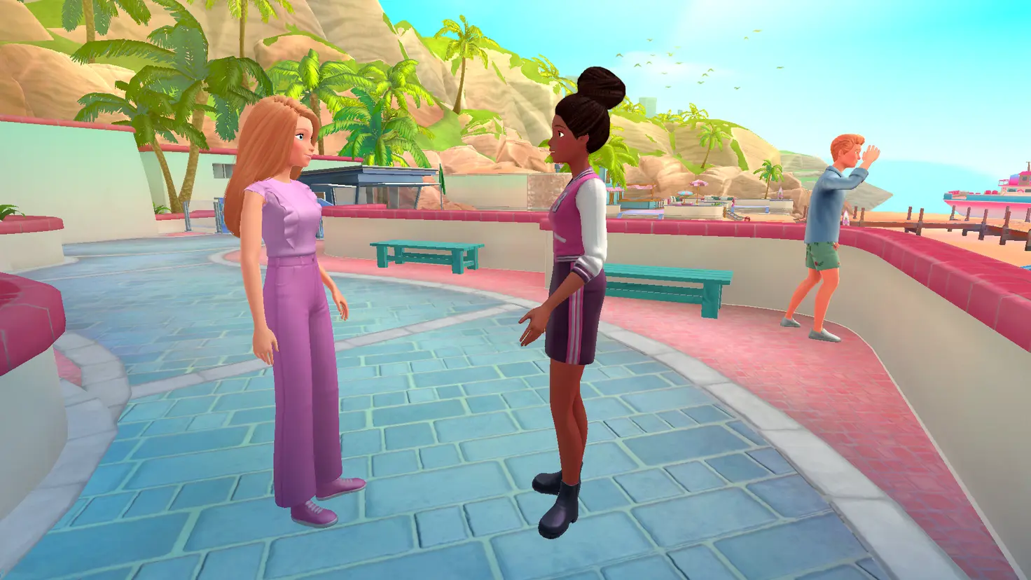 Malibu, Brooklyn, and Ken on a tiled patio near the beach in the Barbie Project Friendship video game