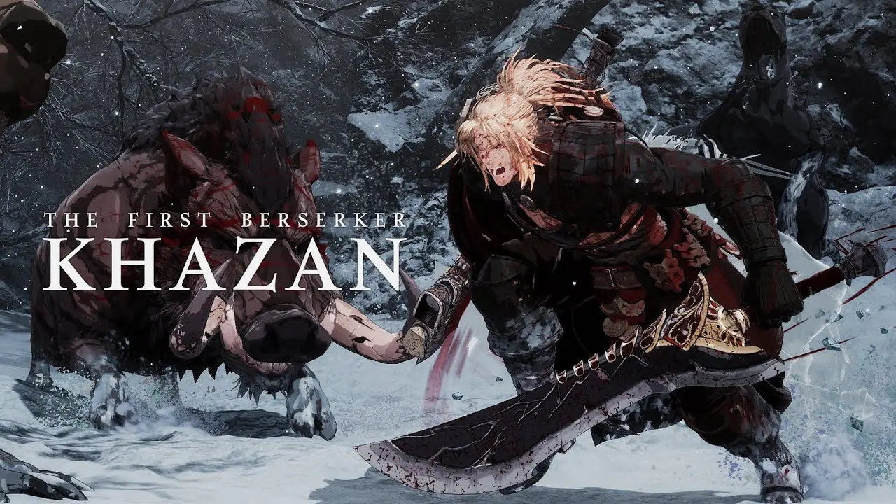 The title The First Berserker: Khazan, with Khazan roaring while wielding two weapons, one a giant sword. A large boar stands in the snow beside him