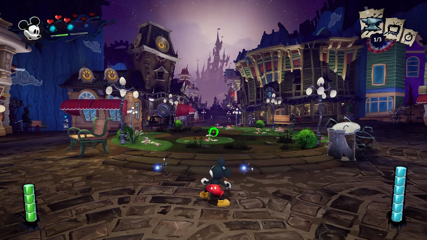 Mickey Mouse looks toward a shadowy version of Sleeping Beauty Castle at the end of Mean Street in the Epic Mickey: Rebrushed video game