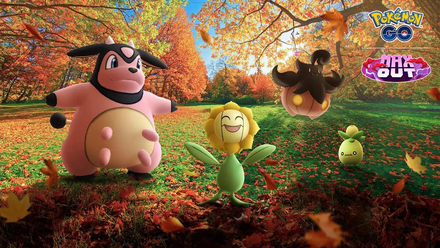 Miltank, Sunflora, Pumpkaboo, and Somliv in an autumnal forest with colorful leaves on the ground