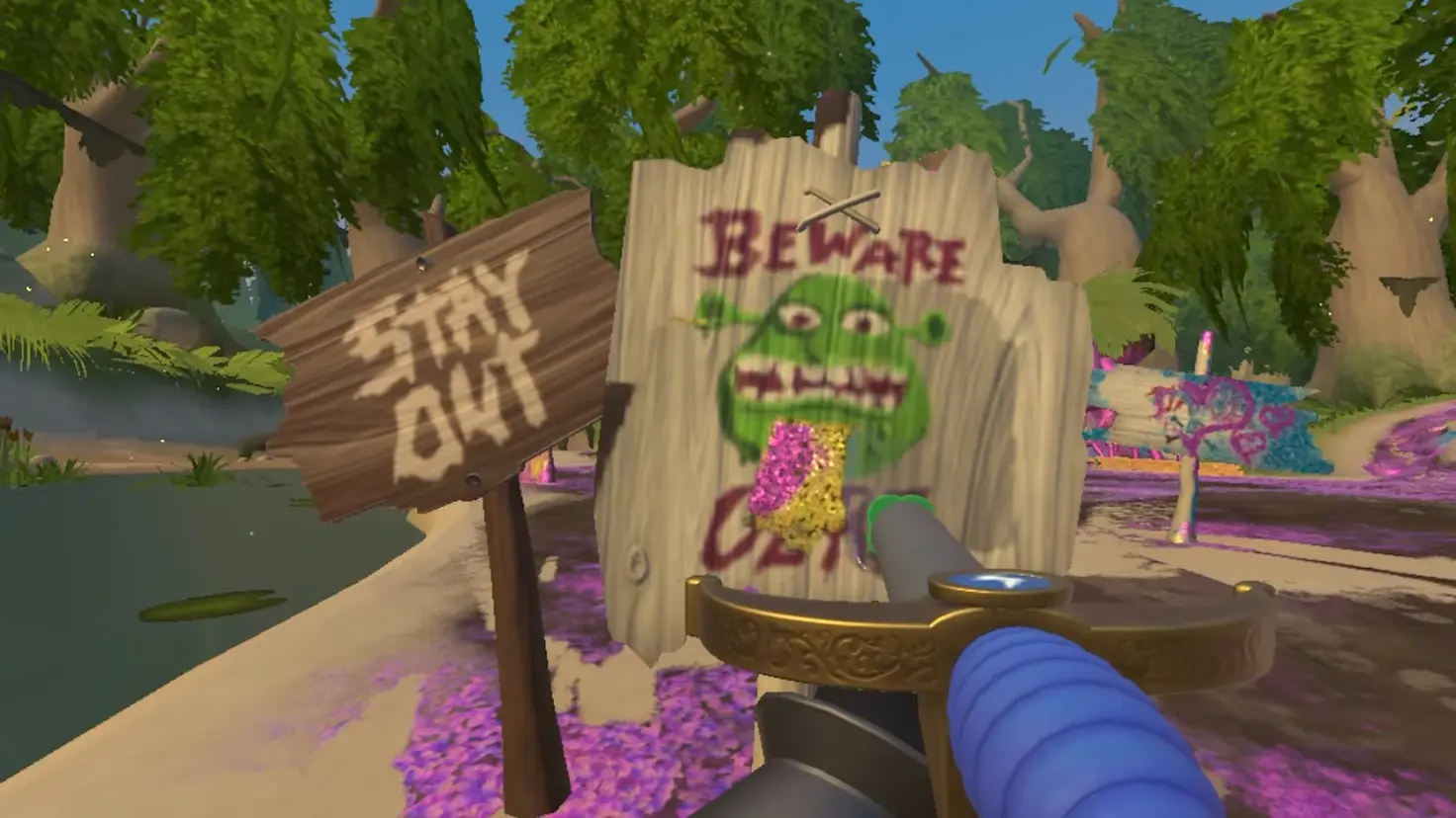 The player cleans a Beware Ogre sign in Power Wash Simulator's Shrek DLC