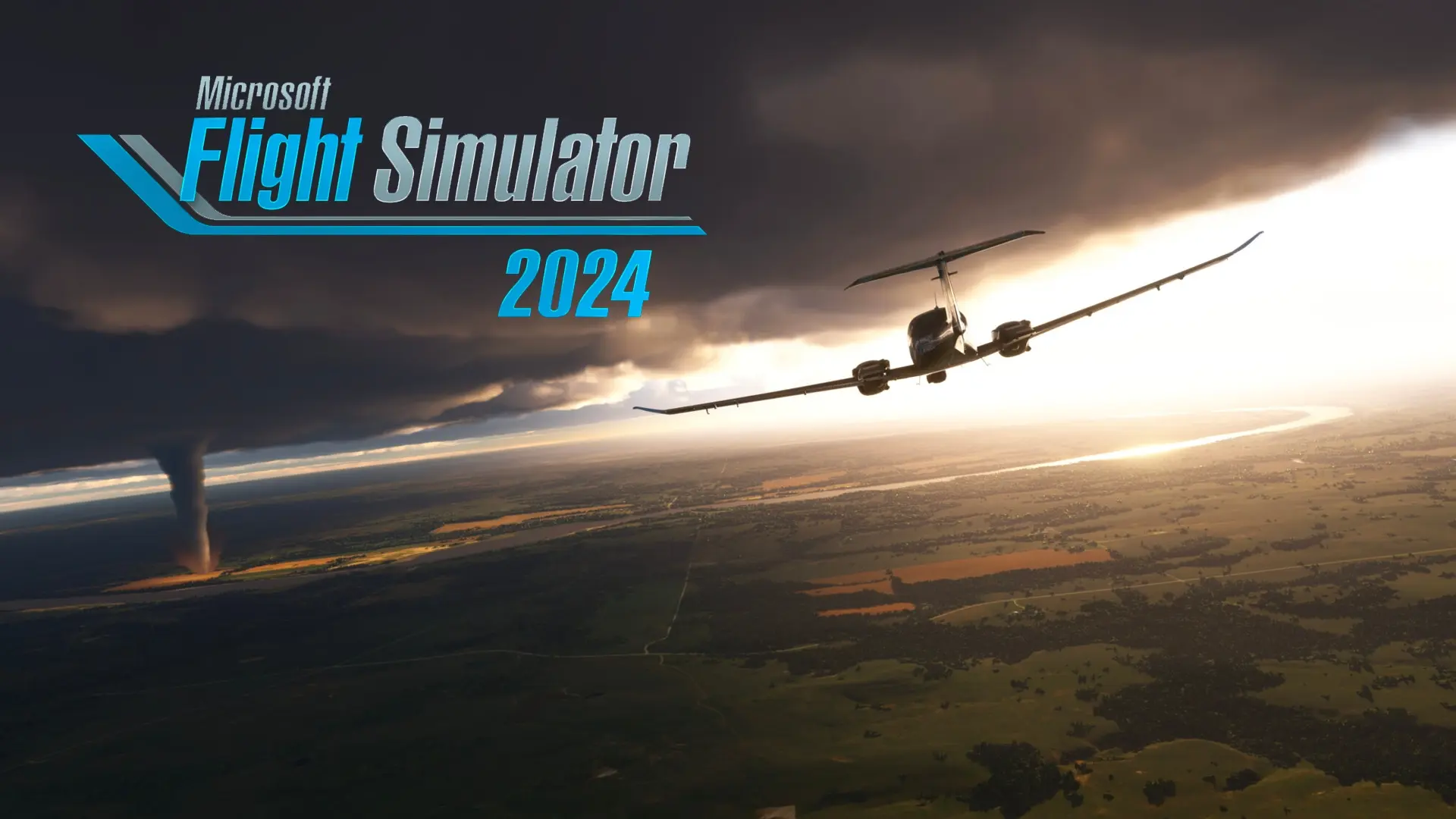 Keyart for Microsoft Flight Simulator 2024 showing a small twin-engine plane flying below cloud cover, a tornado has touched the ground several miles away. Sun is shining under the cloud front behind the plane.