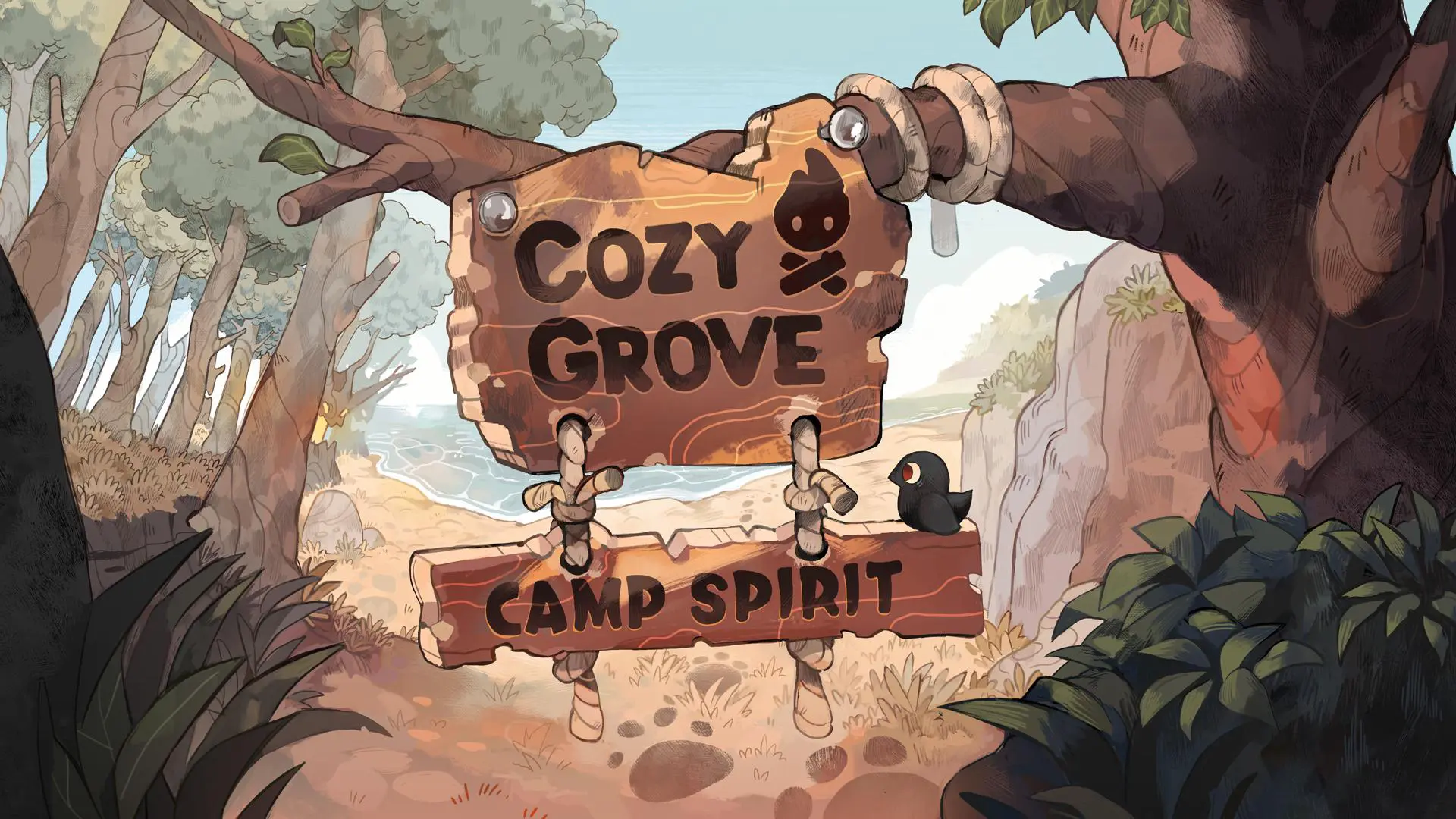 Wooden signs reading "Cozy Grove" and "Camp Spirit" hang from a tree branch with trees, rocks, and the shoreline in the background